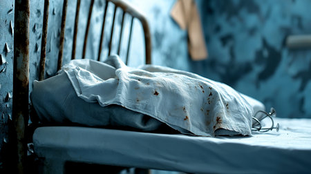 An unmade, derelict bed featuring a rusty metal headboard, a gray pillow, and a wrinkled white sheet with brown stains, suggesting abandonment and decay.の素材