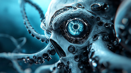 Detailed biomechanical creature head featuring a glowing blue mechanical eye, textured skin, and numerous metallic implants. Tentacles are visible.の素材