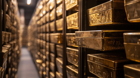 Rectangular golden boxes with intricate embossed designs and stamped text, neatly stacked on dark shelves in a secure repository.の素材