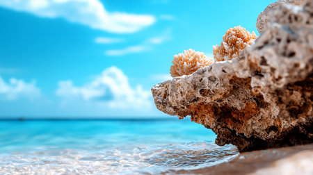Detailed view of a textured, earthy-toned rock formation adorned with intricate, spiky, light orange coral structures.の素材