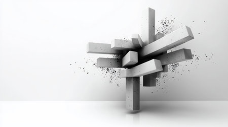 Geometric arrangement of textured gray concrete blocks, forming a complex, three-dimensional structure. Rough, porous surface with varying shades.の素材