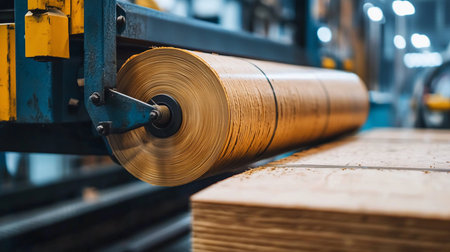 Close-up of a massive cylindrical roll of light brown, layered material, possibly wood veneer or paper, with a distinct fibrous texture. It is mounted on sturdy blue and yellow metal components.の素材