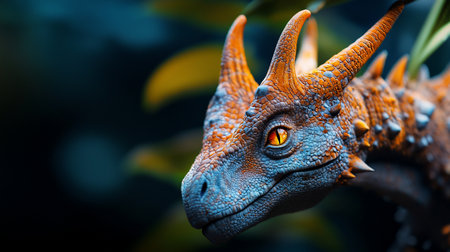 A detailed reptilian creature with vibrant orange and cool blue scales, sharp horns, and a piercing, glowing orange eye with a vertical pupil.の素材