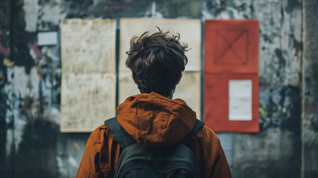 A person viewed from behind, showcasing messy brown curly hair. They are wearing a wrinkled, burnt orange hooded jacket and a dark grey backpack with visible straps.の素材