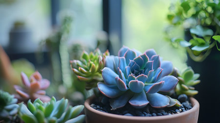 A close-up of a fleshy blue succulent plant with pink-edged leaves arranged in a rosette. The plant is potted in a terracotta container with small black pebbles.の素材