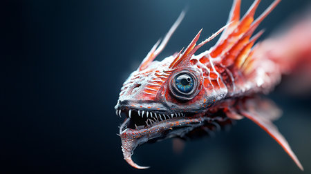 Close-up of a red, spiky, fantasy fish head with sharp teeth, textured skin, and a striking blue eye.の素材