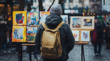 A person viewed from the back, wearing a dark jacket, gray beanie, and carrying a tan backpack. The person is looking at artwork.の素材