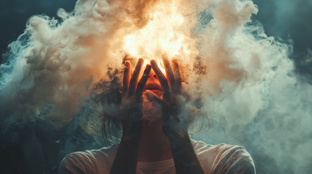 A person's face is partially visible, obscured by swirling smoke. Hands are raised, forming a triangle shape. The smoke is illuminated.の素材