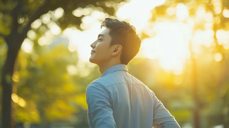 Side profile of a content young man in a casual blue shirt, eyes closed with a gentle smile, enjoying a tranquil moment while backlit by warm, golden sunlight.の素材
