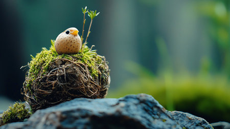A small, round, speckled bird figurine sits atop a mossy nest with tiny plant sprouts, creating a miniature natural scene.の素材
