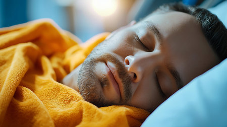 Close-up of a man sleeping peacefully. He has a beard and is covered with a soft, yellow blanket. His eyes are closed.の素材