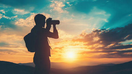 A person in silhouette, holding a camera and wearing a backpack, is focused on capturing a breathtaking sunset over a mountainous landscape.の素材