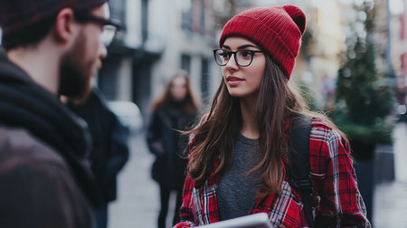 Young woman with glasses, wearing a red beanie and plaid shirt, looking to the side on a city street.の素材