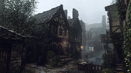 Detailed view of a wet, ancient street with half-timbered and stone buildings, mossy tiled roofs, and cobblestone ground. Rain streaks and warm lantern glow.の素材