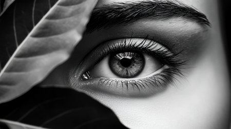 Detailed monochrome image of a woman's eye, featuring long eyelashes and a leaf partially covering the face, emphasizing texture and detail.の素材