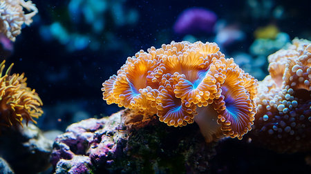 A close-up of a vibrant orange coral with delicate, blue-tipped tentacles, showcasing intricate textures and organic forms.の素材