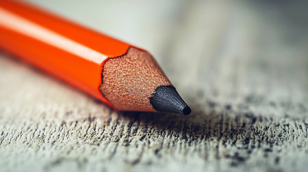 Close-up of a vibrant orange wooden pencil, featuring a precisely sharpened black graphite tip and detailed exposed wood grain.の素材
