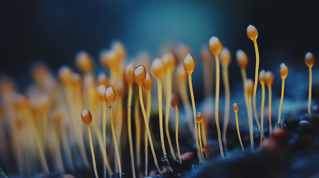Numerous delicate moss sporophytes featuring slender yellowish stalks and glossy, translucent amber-orange capsule tips, standing upright.の素材