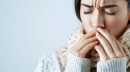 Close-up of a woman with closed eyes and furrowed brow, hands covering her nose and mouth, wearing a cozy knitted scarf and sweater.の素材