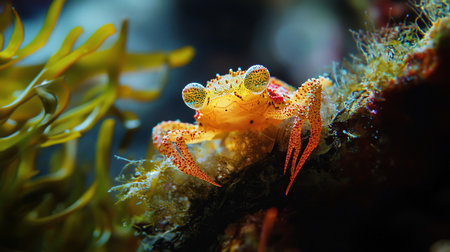 A tiny yellow-orange crab with red spots, a spiky carapace, and large, stalked, mottled eyes, resting on a textured surface.の素材