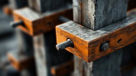 Close-up of a rough, orange-painted wooden beam with a protruding metal threaded bolt, showcasing weathered textures.の素材