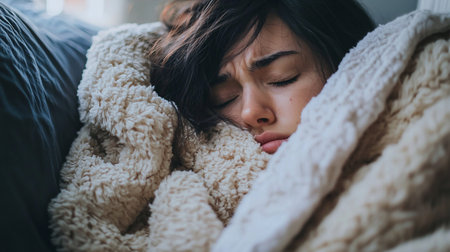 A young woman with dark hair is nestled comfortably, eyes closed, wrapped in a plush, cream-colored sherpa blanket.の素材
