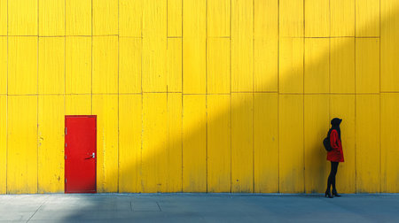 A woman wearing a red coat, black leggings, and a black hat stands against a textured, bright yellow wall with a red door.の素材