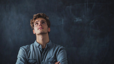 A young man with light brown, tousled hair, wearing a denim shirt, looks upwards with a pensive expression.の素材