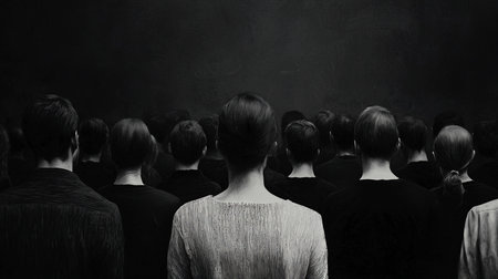 A monochromatic depiction of a crowd of individuals, seen from behind, with varying hairstyles and clothing textures, looking towards an unseen focal point.の素材