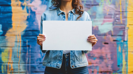 A woman holds a blank white rectangular sign with both hands, presenting it towards the viewer. The sign has a textured surface.の素材