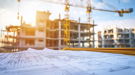 Close-up of architectural blueprints, showing detailed plans and drawings. The blueprints are on a surface, with visible lines and symbols.の素材