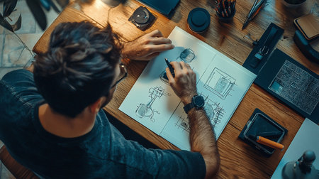 Focused man with dark hair and glasses, wearing a dark t-shirt and watch, sketching designs on white paper.の素材