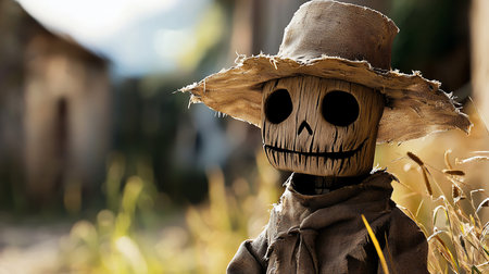 A weathered scarecrow with a burlap hat and a carved wooden face featuring dark, empty eye sockets and a stitched smile.の素材