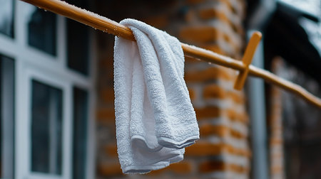 A soft, fluffy white terry cloth towel is draped over a smooth, wet light brown wooden rod, featuring visible water droplets.の素材
