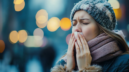 A woman with closed eyes, holding a tissue to her nose, likely sneezing. She is wearing a knitted hat, scarf, and coat.の素材