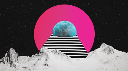 A surreal digital collage featuring a blue moon, a striped pyramid, a pink circle, and a monochrome mountain range under a starry sky.の素材