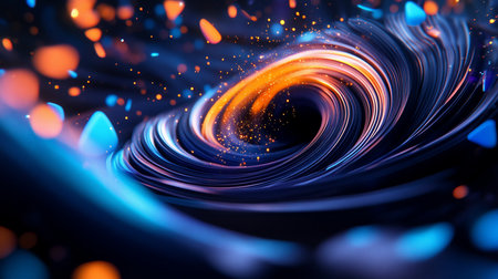 Dynamic abstract vortex with swirling blue lines, a bright orange core, and scattered glowing particles, creating a sense of depth and movement.の素材