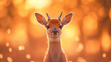 Close-up of a cute, young deer with small antlers, featuring soft, glowing fur and a gentle, curious expression.の素材
