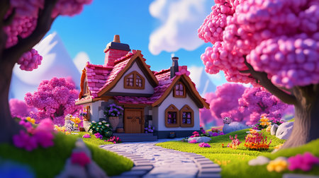 A whimsical cartoon cottage with a pink tiled roof, wooden door, and stone pathway, surrounded by lush greenery and vibrant flowers.の素材