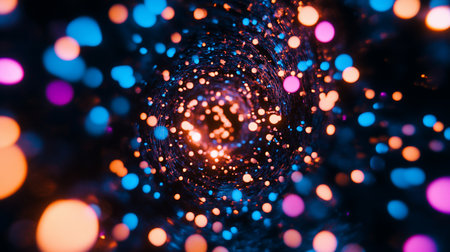 A dynamic swirl of glowing spheres in blue, orange, and pink hues, creating a sense of depth and movement with a dark background.の素材