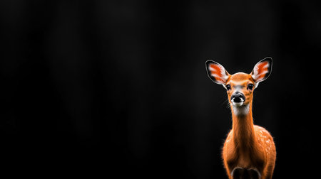 Close-up of a charming fawn with warm orange-brown fur, white spots, and large alert ears. Features dark eyes, a black nose, and white muzzle markings, looking forward.の素材
