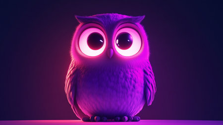A cute, fluffy cartoon owl with large, luminous pink eyes and vibrant purple feathers, rendered in a 3D style.の素材