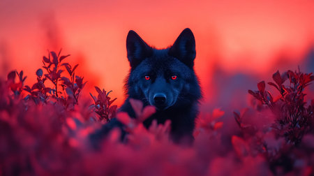 Close-up of a powerful black wolf, featuring thick dark fur, pointed ears, and piercing red eyes, staring intently.の素材
