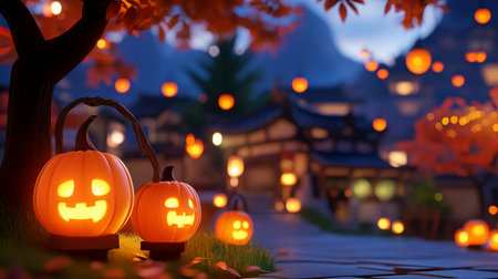 A pair of cute, orange Jack-o'-lanterns with friendly carved faces glowing warmly. They feature unique, long, dark, elegantly curved stems and sit on small pedestals.の素材