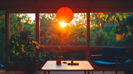 A tranquil living room interior bathed in the warm, golden light of a sunset, viewed through a large window with modern furniture.の素材