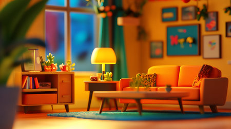 A vibrant orange sofa with two cushions, one knitted, sits in a warmly lit room. The sofa is the focal point.の素材