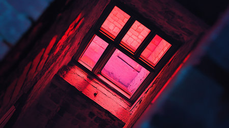 A multi-paned window set within a coarse, textured brick wall, viewed from a dramatic low angle. The entire structure is bathed in an intense, glowing red and pink light.の素材
