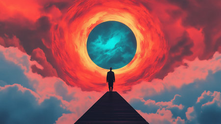 A solitary person's dark silhouette walks on a textured, upward-sloping path, approaching a glowing, circular, orange-red vortex with a teal center.の素材