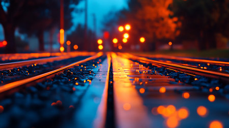 Close-up of parallel metal railway tracks on dark, wet ballast, reflecting vibrant orange and yellow light with a soft bokeh.の素材
