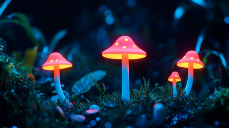 Several mushrooms with vibrant red caps, yellow undersides, and white stems, illuminated in a forest setting. The caps have small yellow spots.の素材